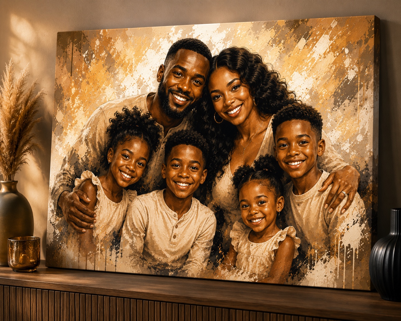 A family portrait canvas collection displayed in a warm living room