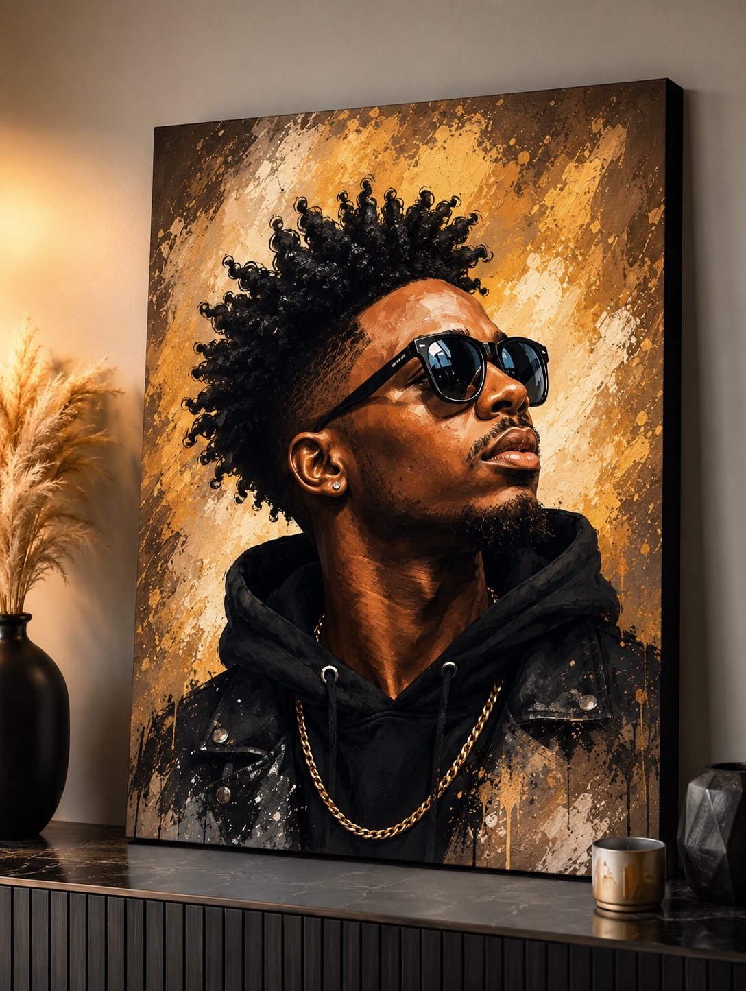 A personalised single portrait canvas displayed in a warm modern interior